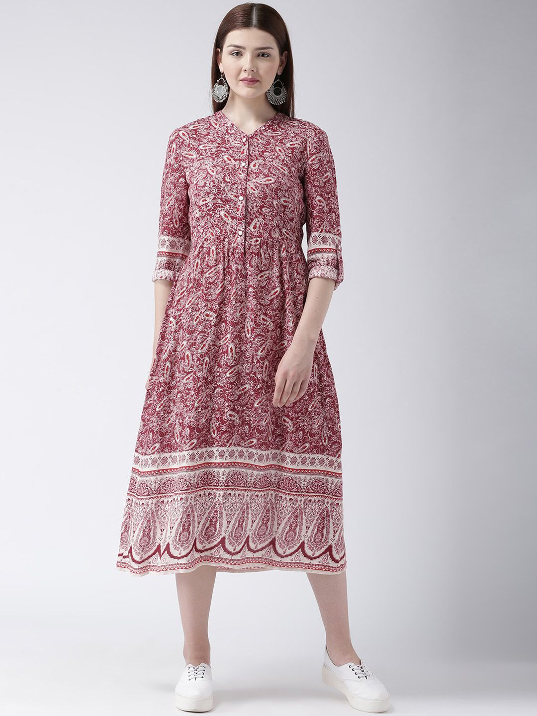 DODO & MOA Women Maroon Printed Fit and Flare Dress