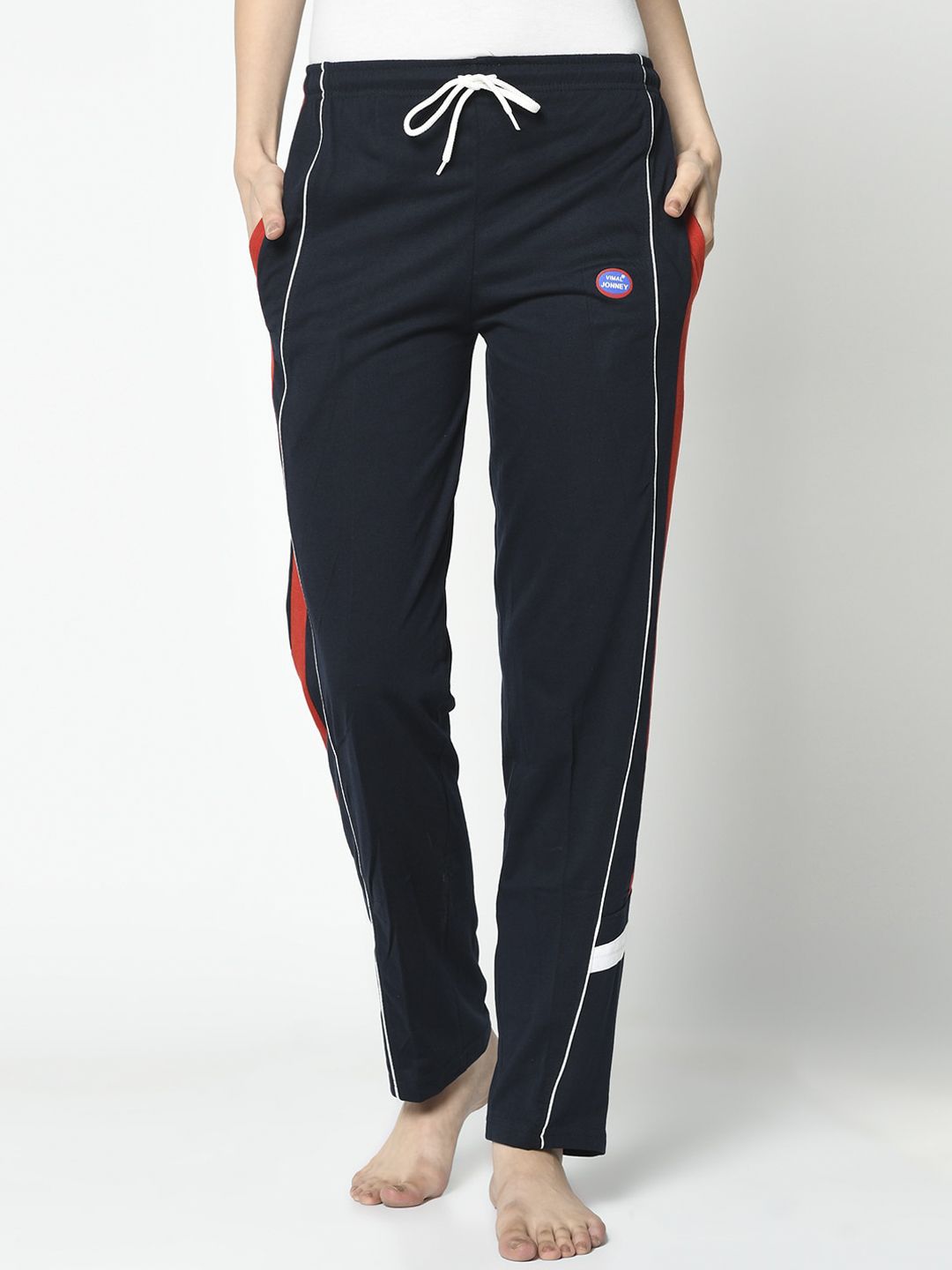 VIMAL JONNEY Women Blue & Red Solid Lounge Pants Price in India