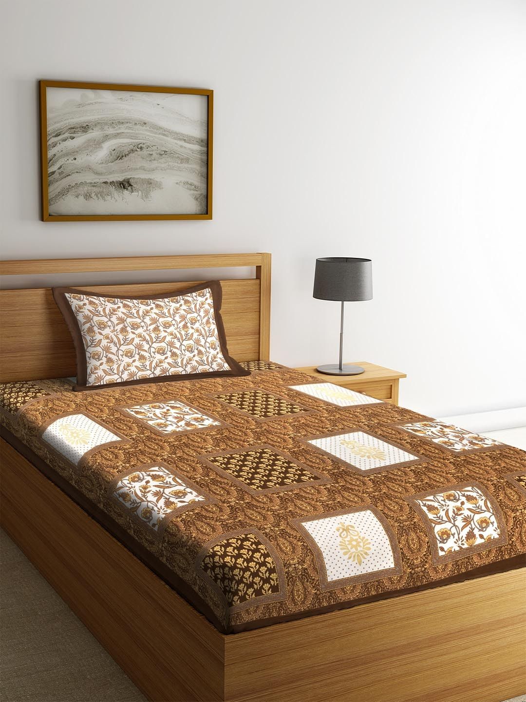 Rajasthan Decor Brown Floral 144 TC Cotton 1 Single Bedsheet with 1 Pillow Covers Price in India