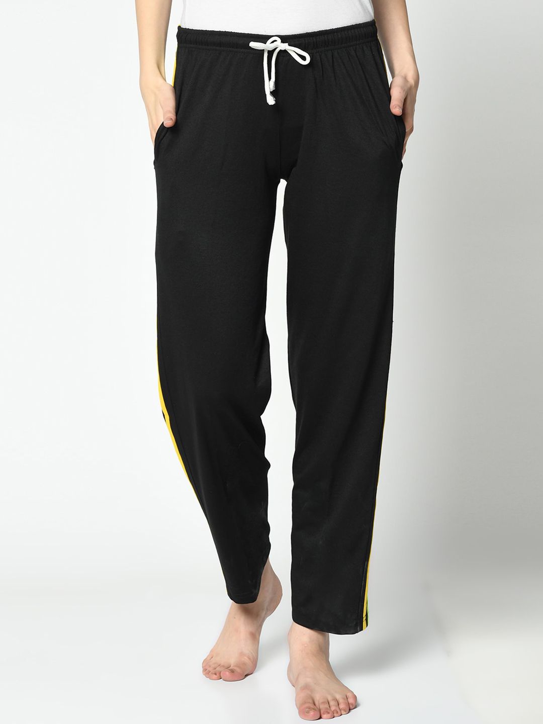 VIMAL JONNEY Women Black & Yellow Solid Lounge Pants Price in India