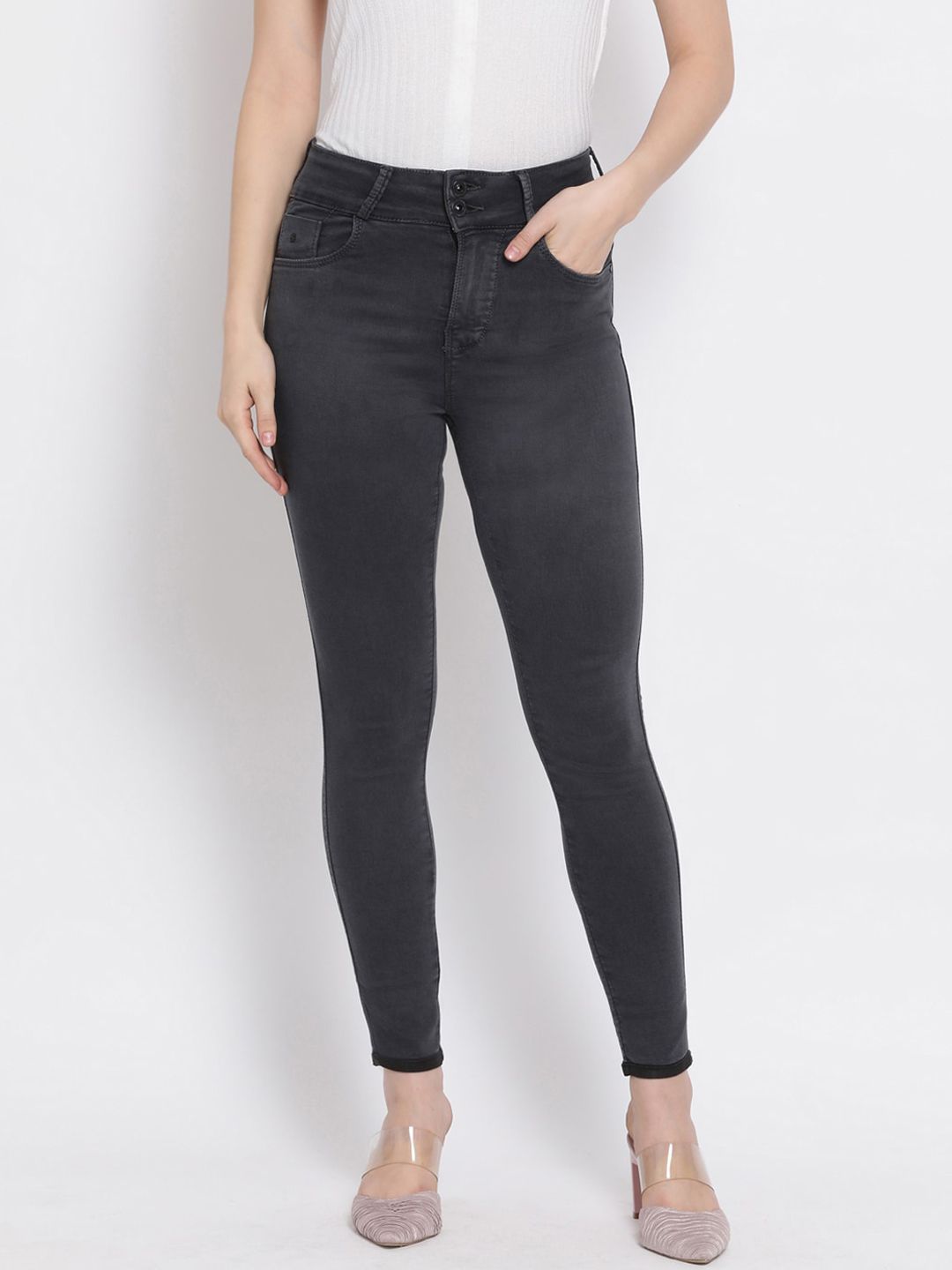 Code 61 Women Grey Skinny Fit Mid-Rise Clean Look Stretchable Jeans Price in India