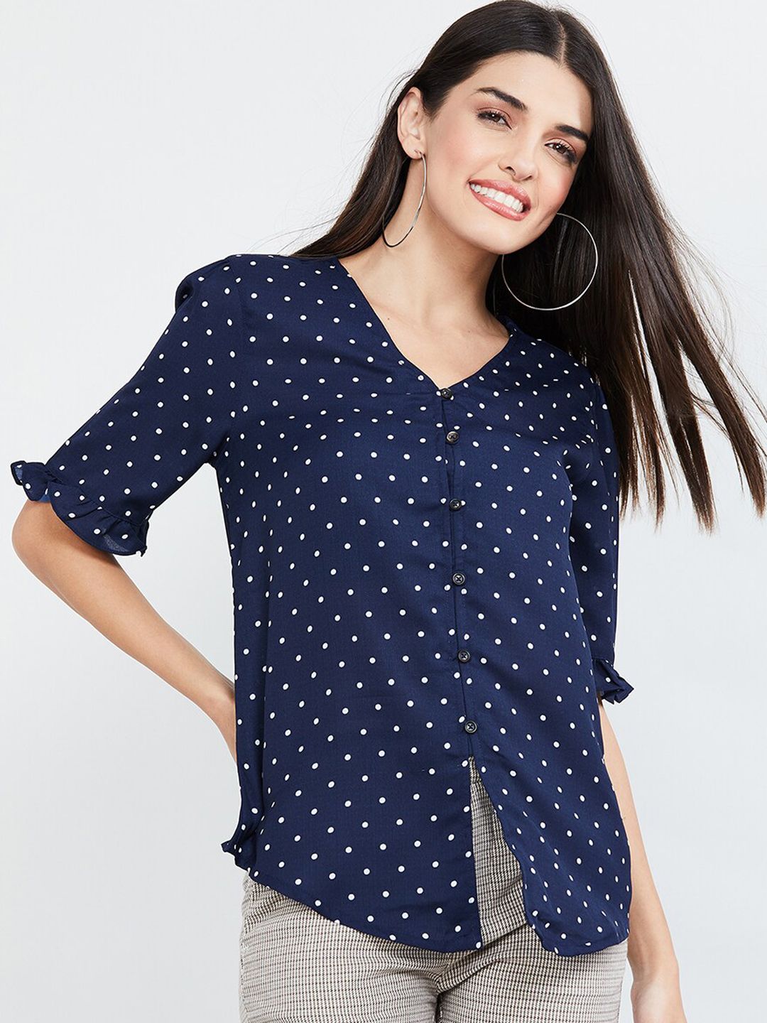 max Women Navy Blue Printed Shirt Style Top