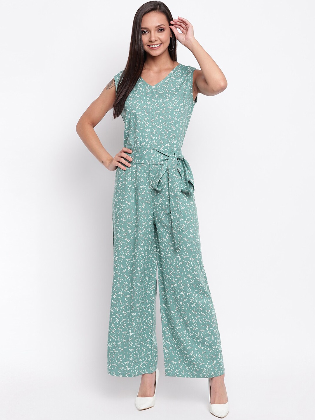 Mayra Women Green & Off-White Printed Basic Jumpsuit Price in India