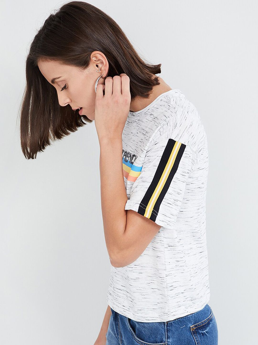 max Women Off-White & Black Printed Top With Side Stripes