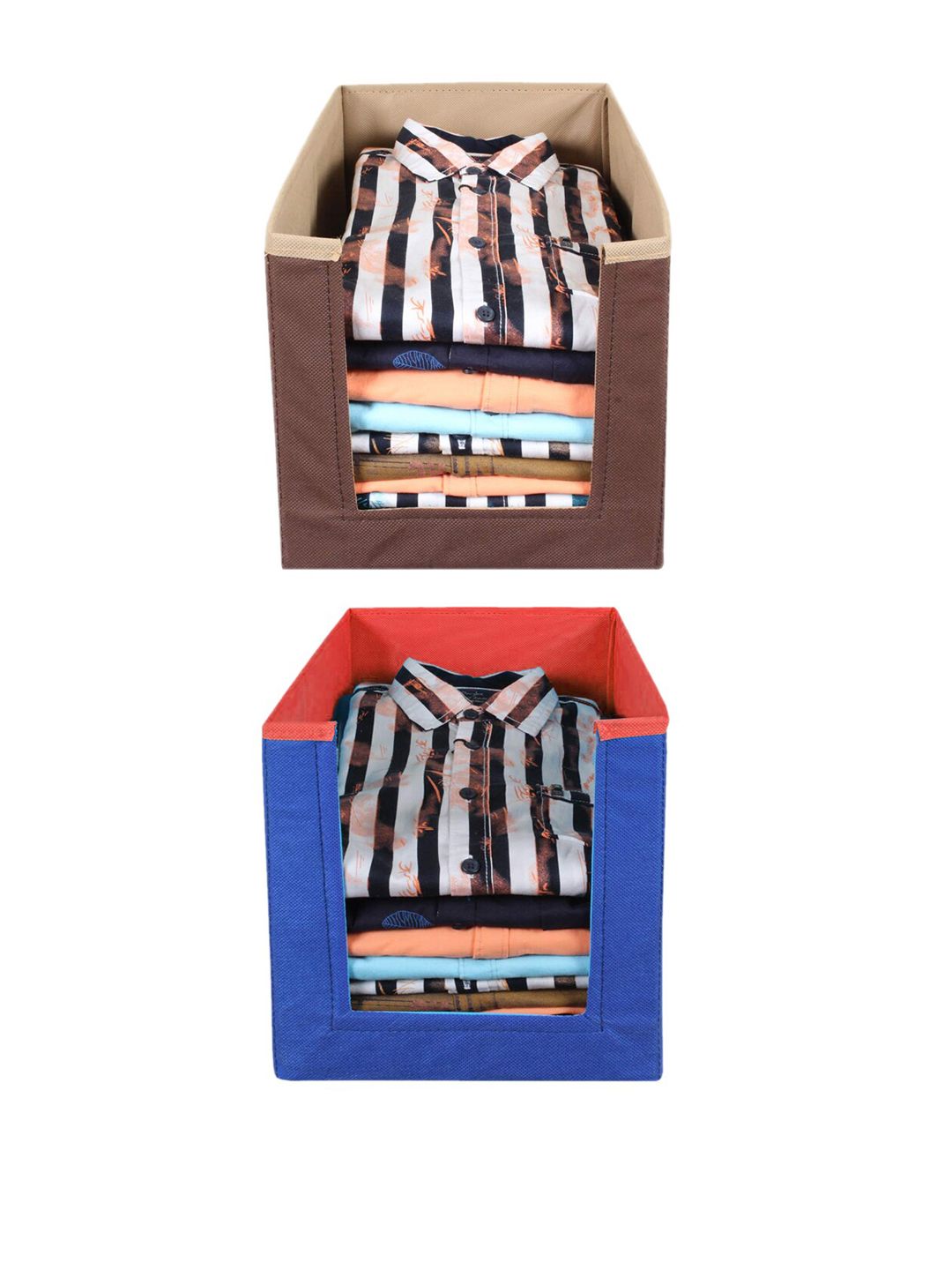 Kuber Industries Set Of 2 Brown & Blue Solid Non-Woven Sustainable Wardrobe Organizer Price in India