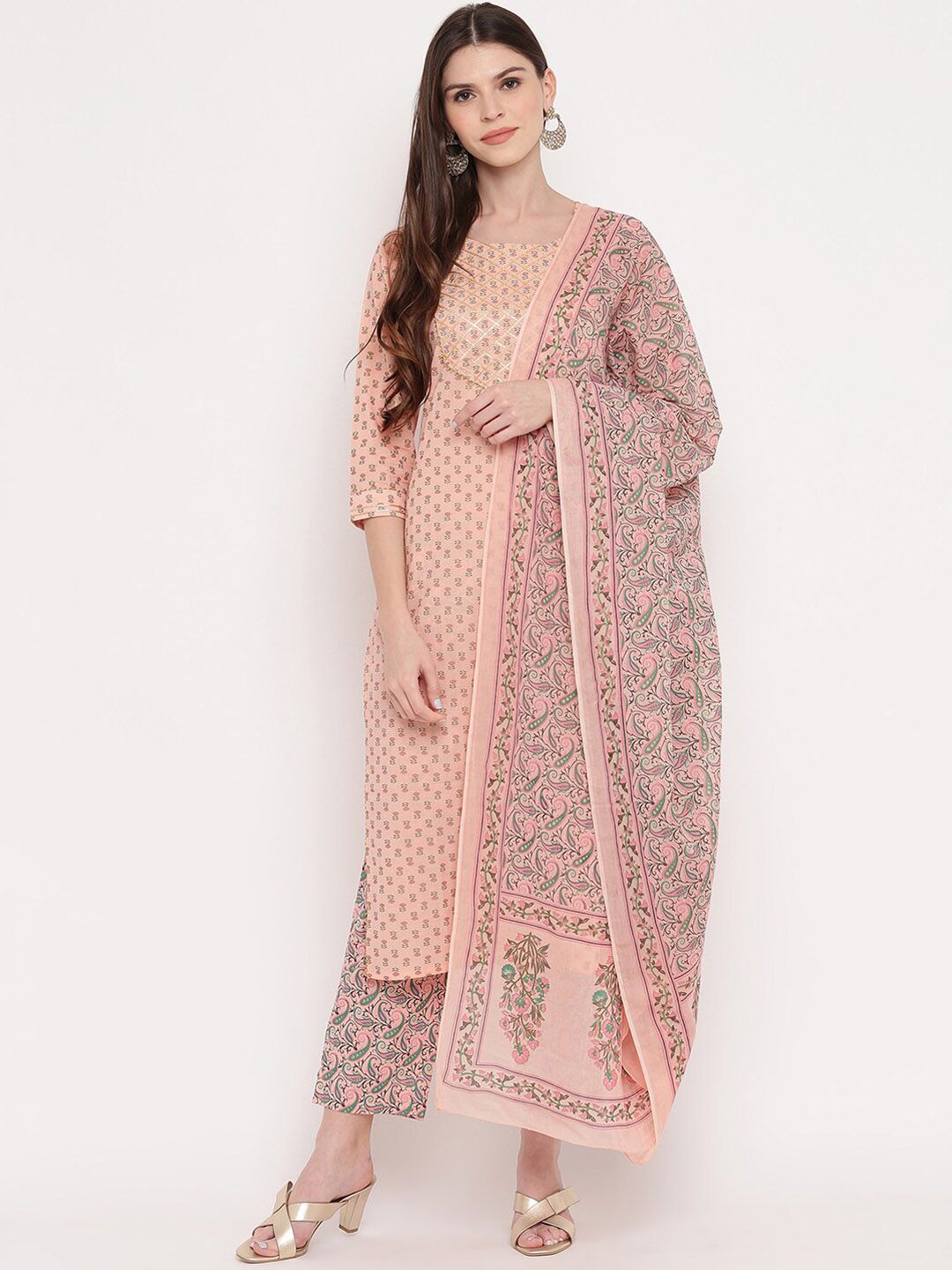 Vbuyz Women Peach-Coloured Printed Kurta with Trousers & Dupatta