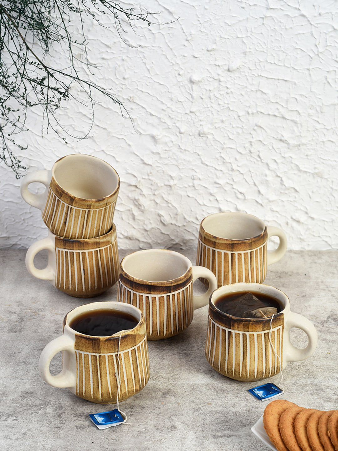 Unravel India Brown Rustic 6 Pieces Handpainted Ceramic Cups Set Price in India