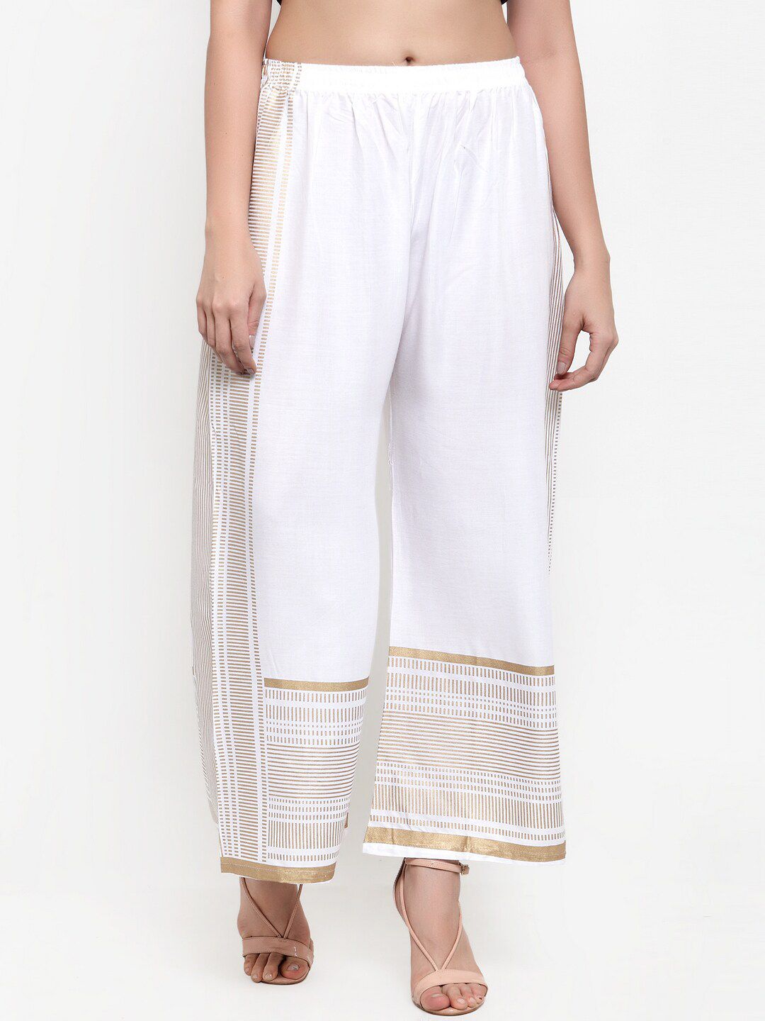 Miaz Lifestyle Women White & Gold Striped Flared Palazzos Price in India