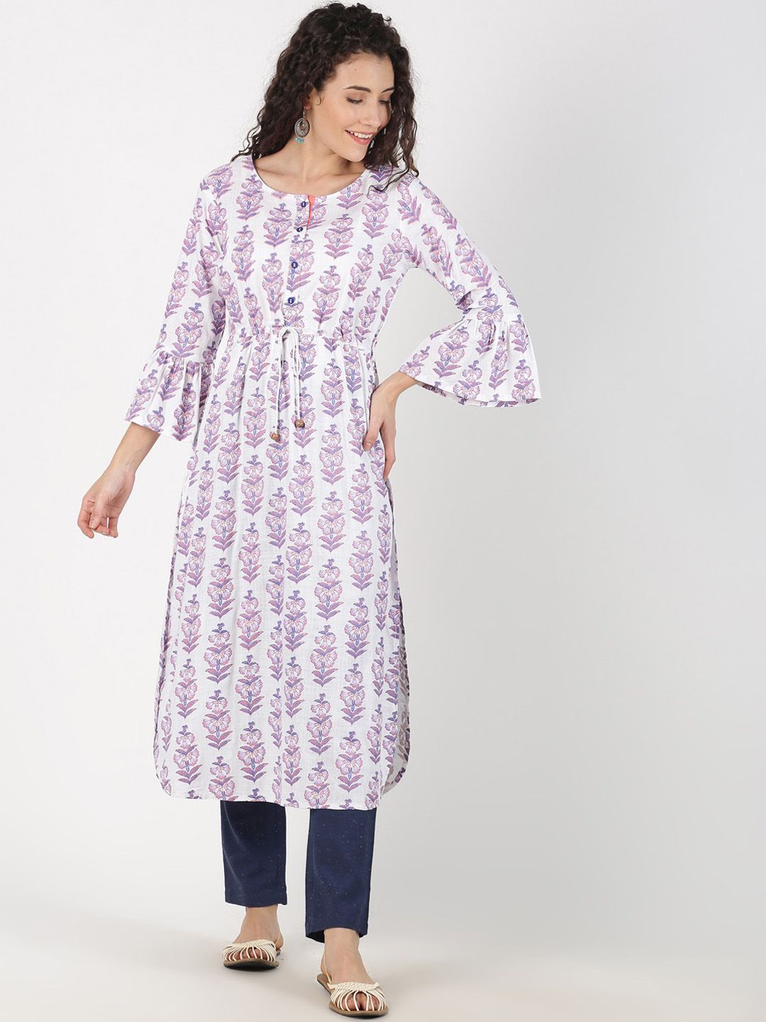 Saffron Threads Women White & Lavender Printed Kurti with Trousers