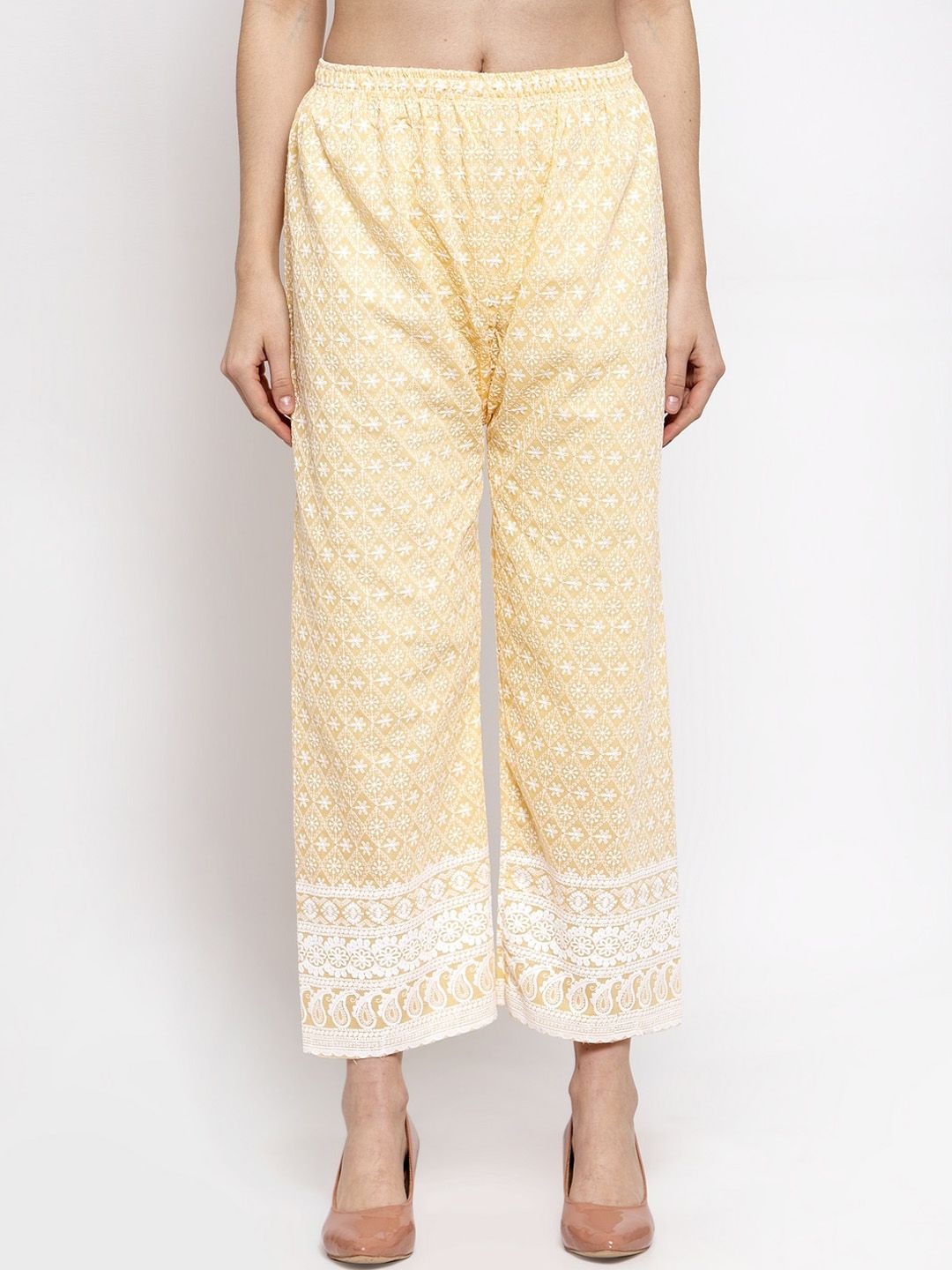 Miaz Lifestyle Women Yellow & White Embroidered Straight Palazzos