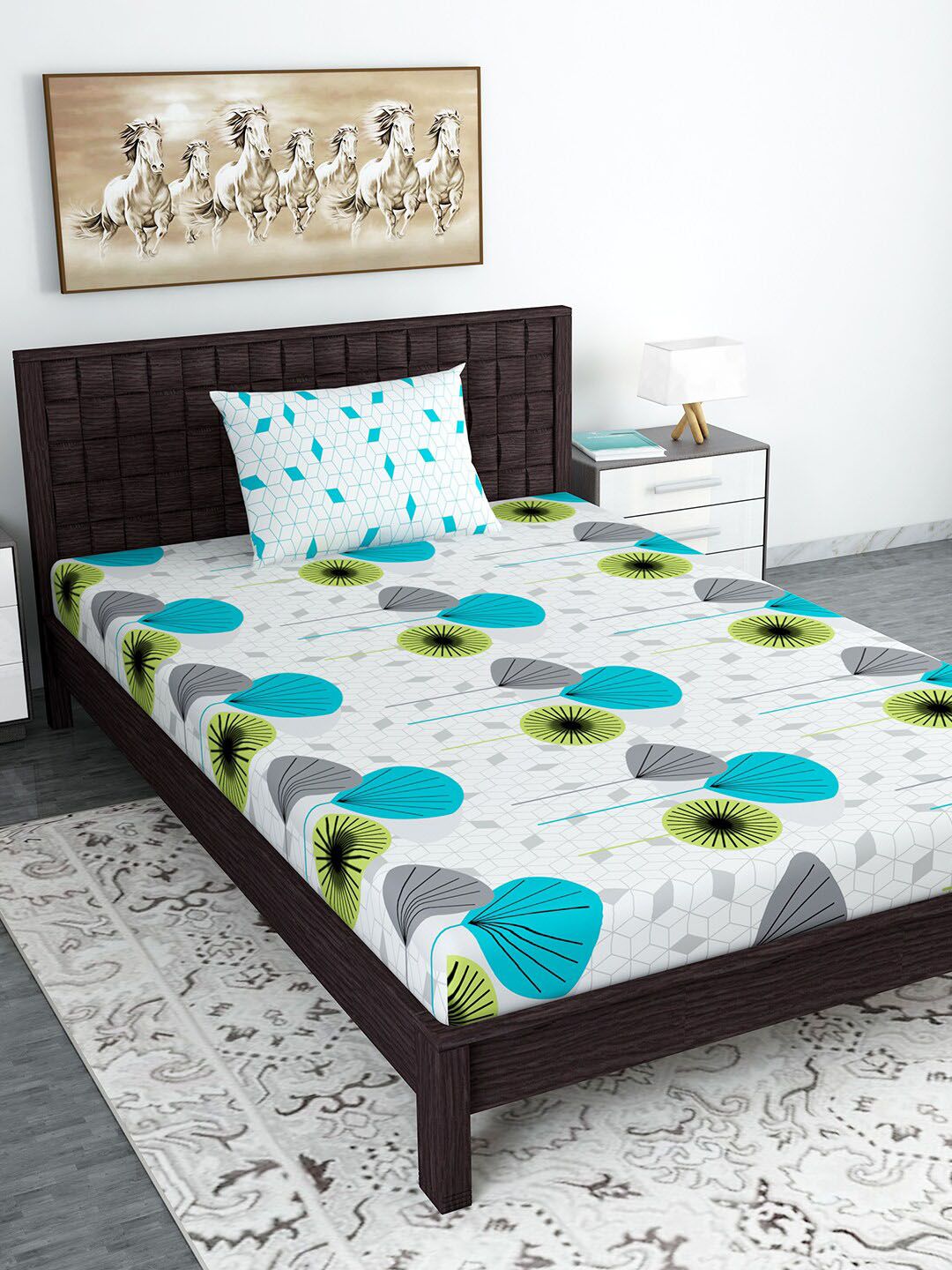Divine Casa Green & Turquoise Blue Geometric 144 TC Cotton 1 Single Bedsheet with 1 Pillow Covers Price in India