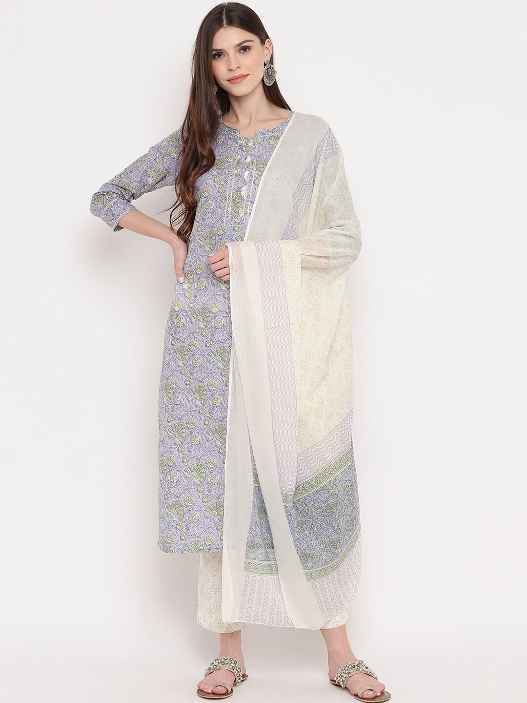 Vbuyz Women Lavender & Off-White Embroidered Kurta with Trousers & Dupatta