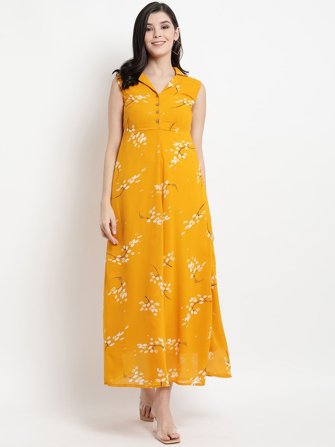 The Vanca Women Mustard Yellow & White Floral Print Maxi Dress