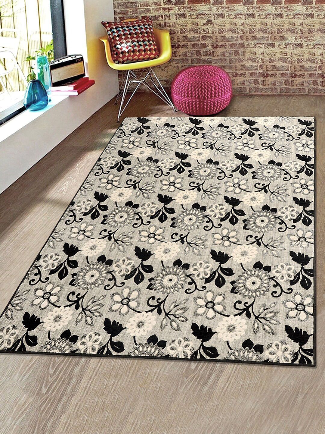 Saral Home Unisex Grey & Black Floral Printed Anti-Skid Carpet Price in India