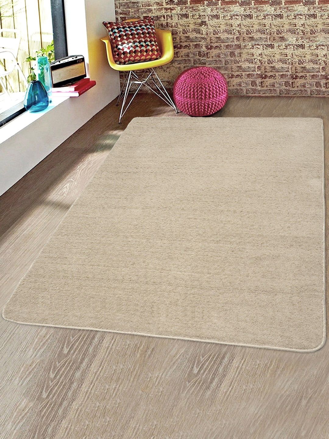 Saral Home Beige Solid Shaggy Anti-Skid Carpet Price in India