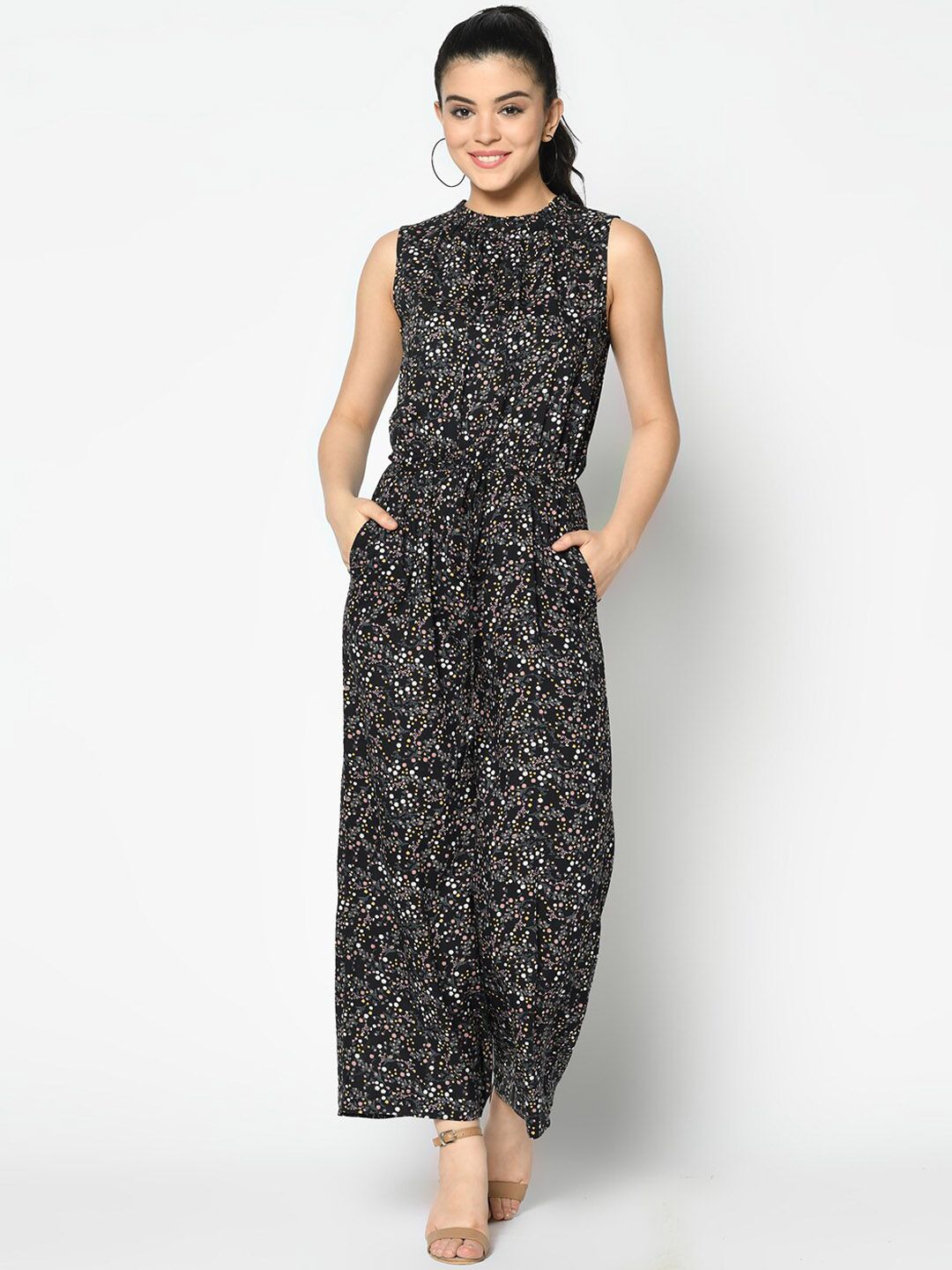SQew Women Black Floral Printed Basic Jumpsuit Price in India