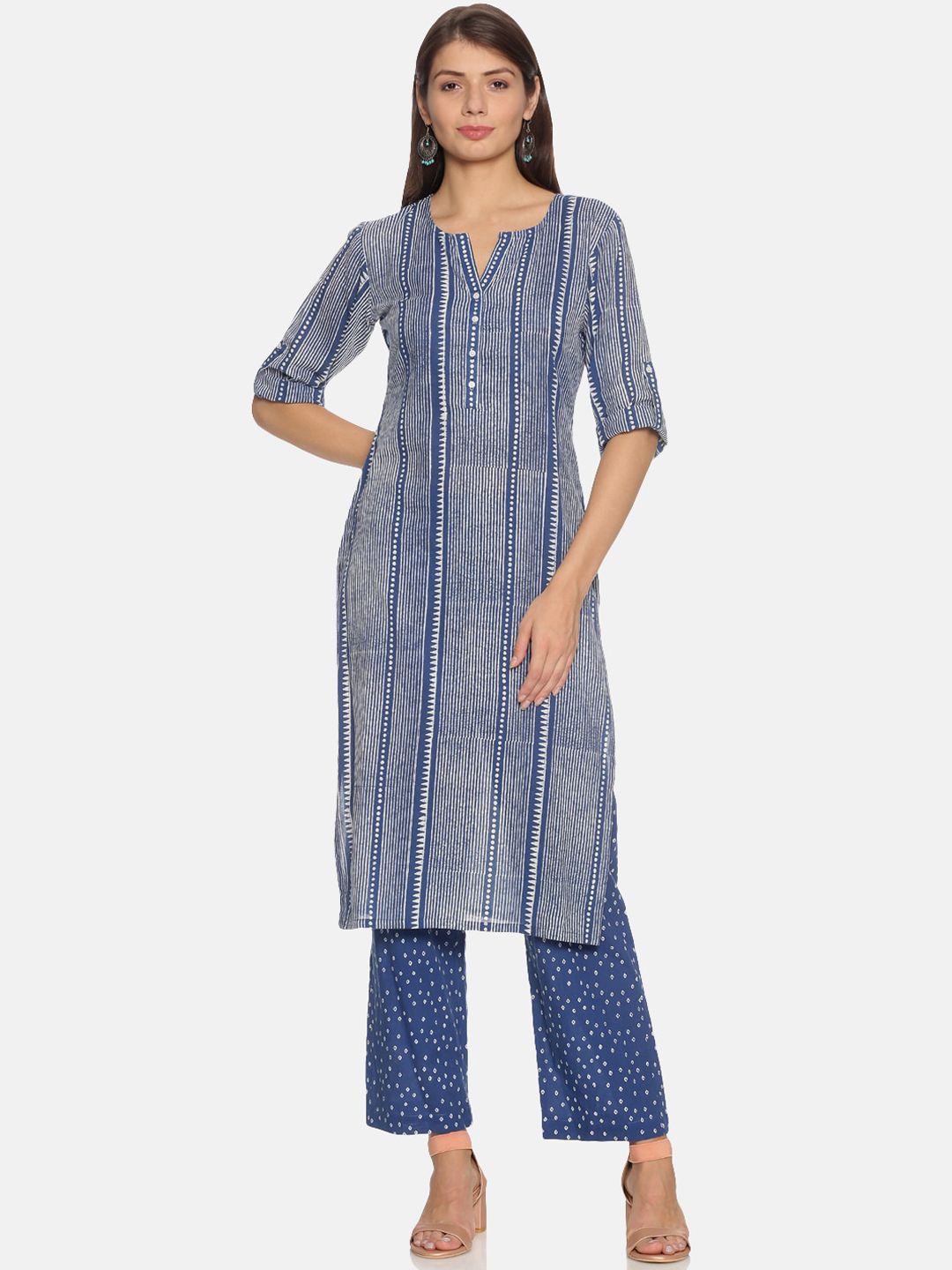 NANGALIA RUCHIRA Women Blue & White Striped Kurta with Trousers