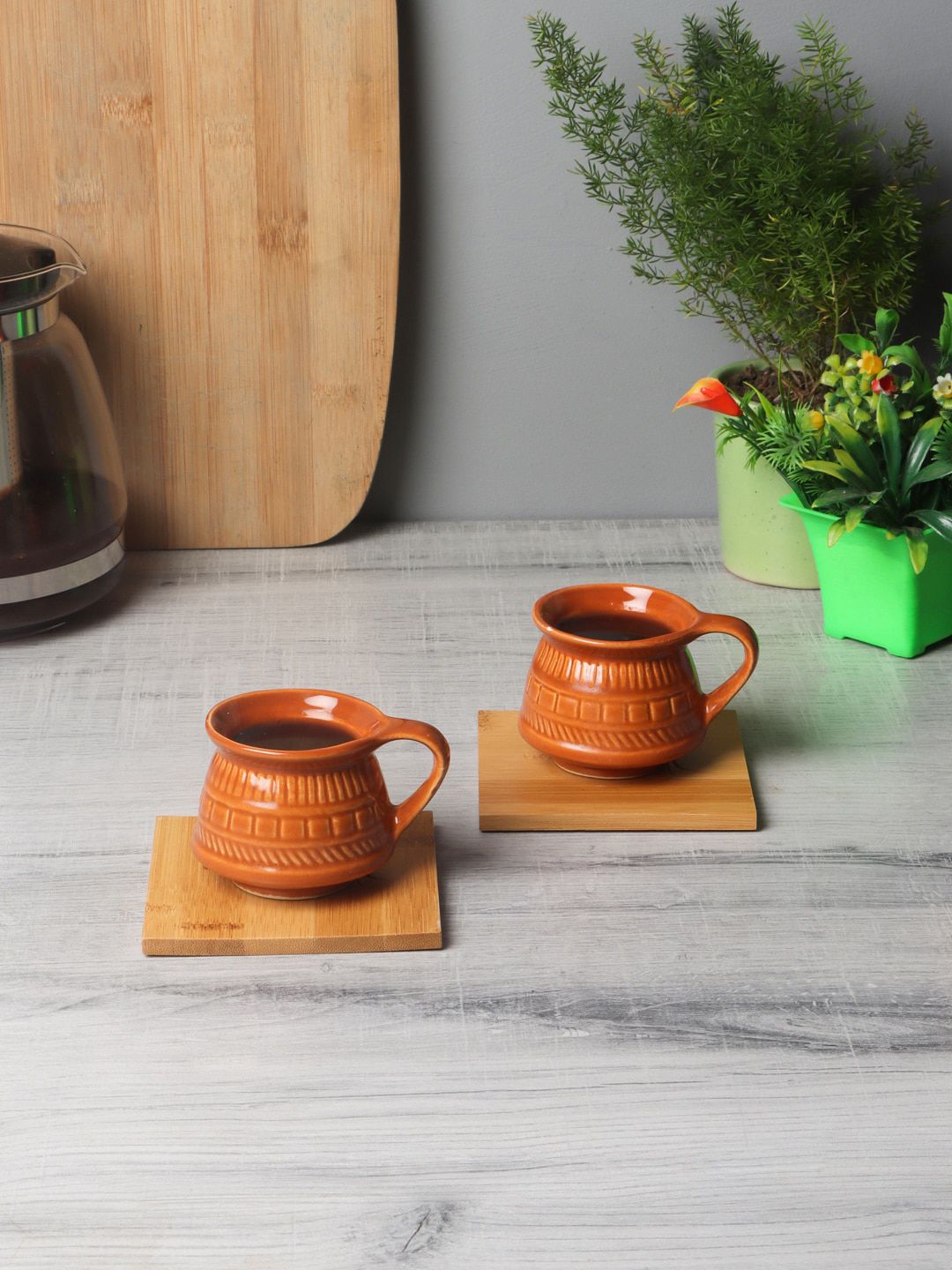 CDI Brown Textured 6-Pieces Ceramic Cups Set With Tray Price in India