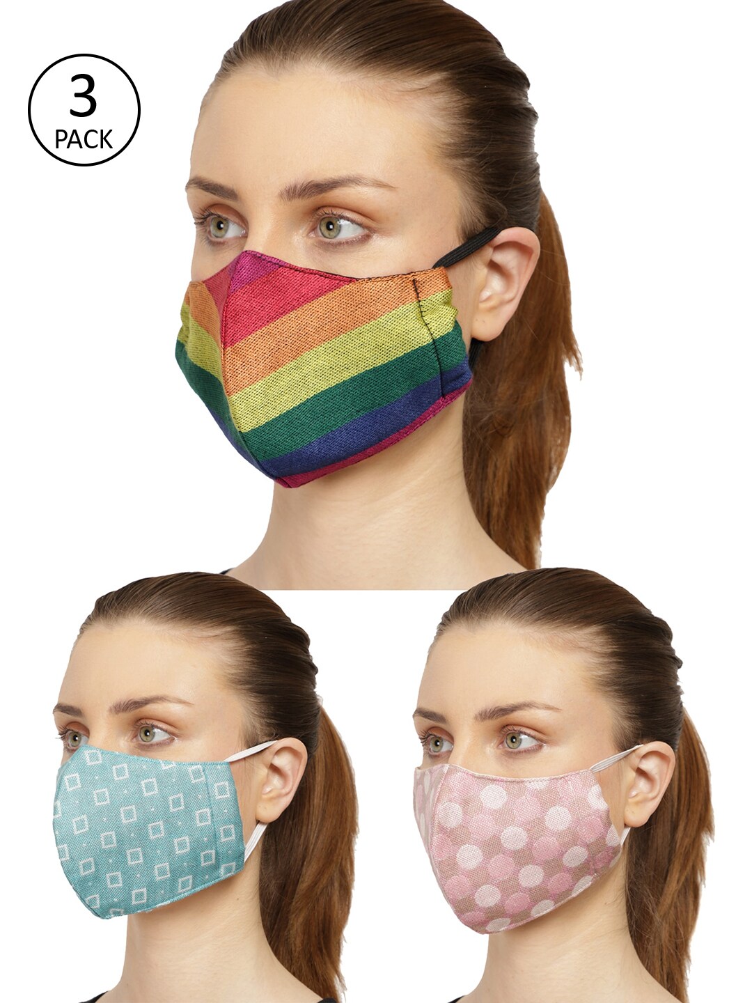 Anekaant Women Pack of 3 Multicolor 3-Ply Reusable Cloth Mask Price in India