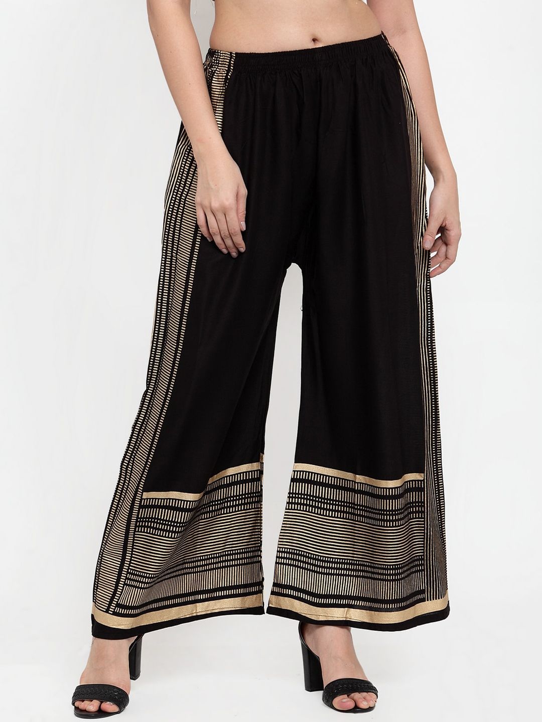 Miaz Lifestyle Women Black & Gold Striped Flared Palazzos Price in India