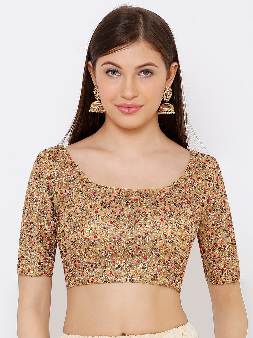 SALWAR STUDIO Women Gold-Coloured Embroidered Readymade Saree Blouse Price in India