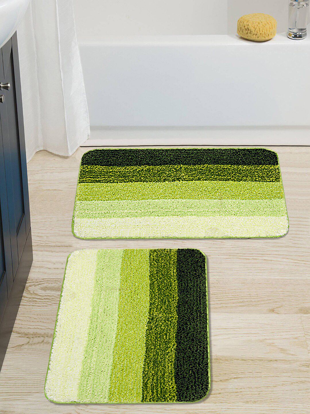 Saral Home Set of 2 Green Striped Water Absorbent Anti Skid Bath Rugs Price in India