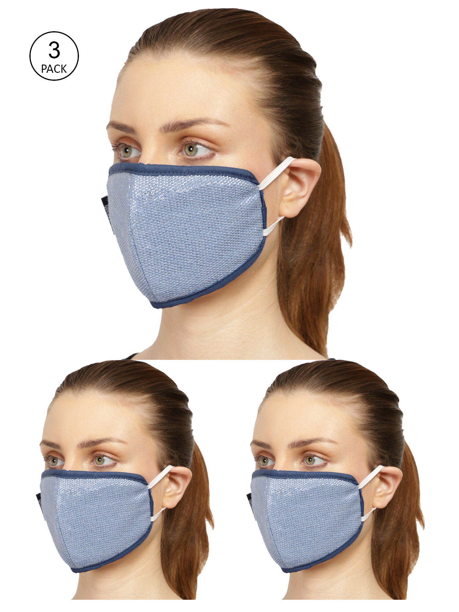 Anekaant Women Pack of 3 Blue & Silver 3-Ply Reusable Cloth Mask Price in India