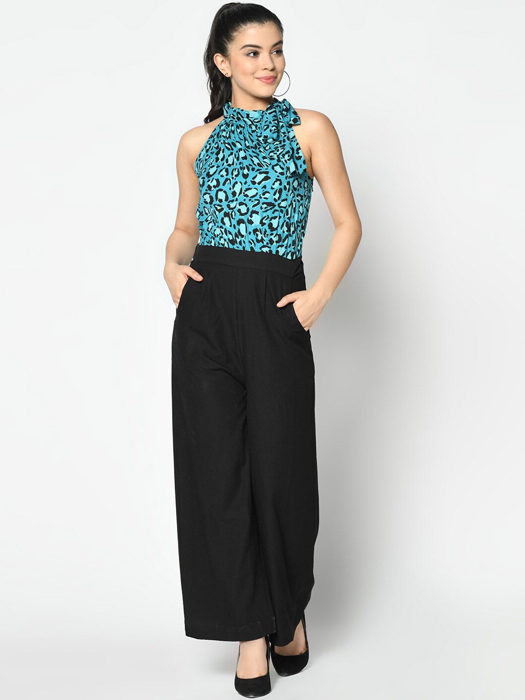 SQew Women Blue & Black Printed Basic Jumpsuit Price in India