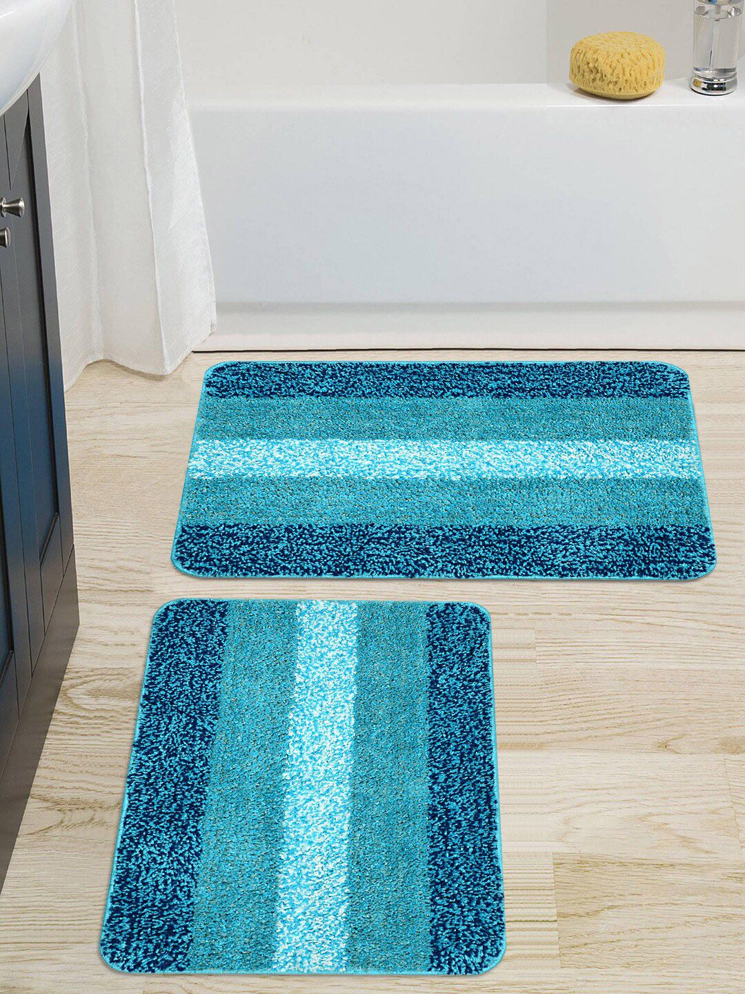 Saral Home Pack Of 2 Turquoise Blue & Teal Blue Striped Anti-Skid Bath Mats Price in India