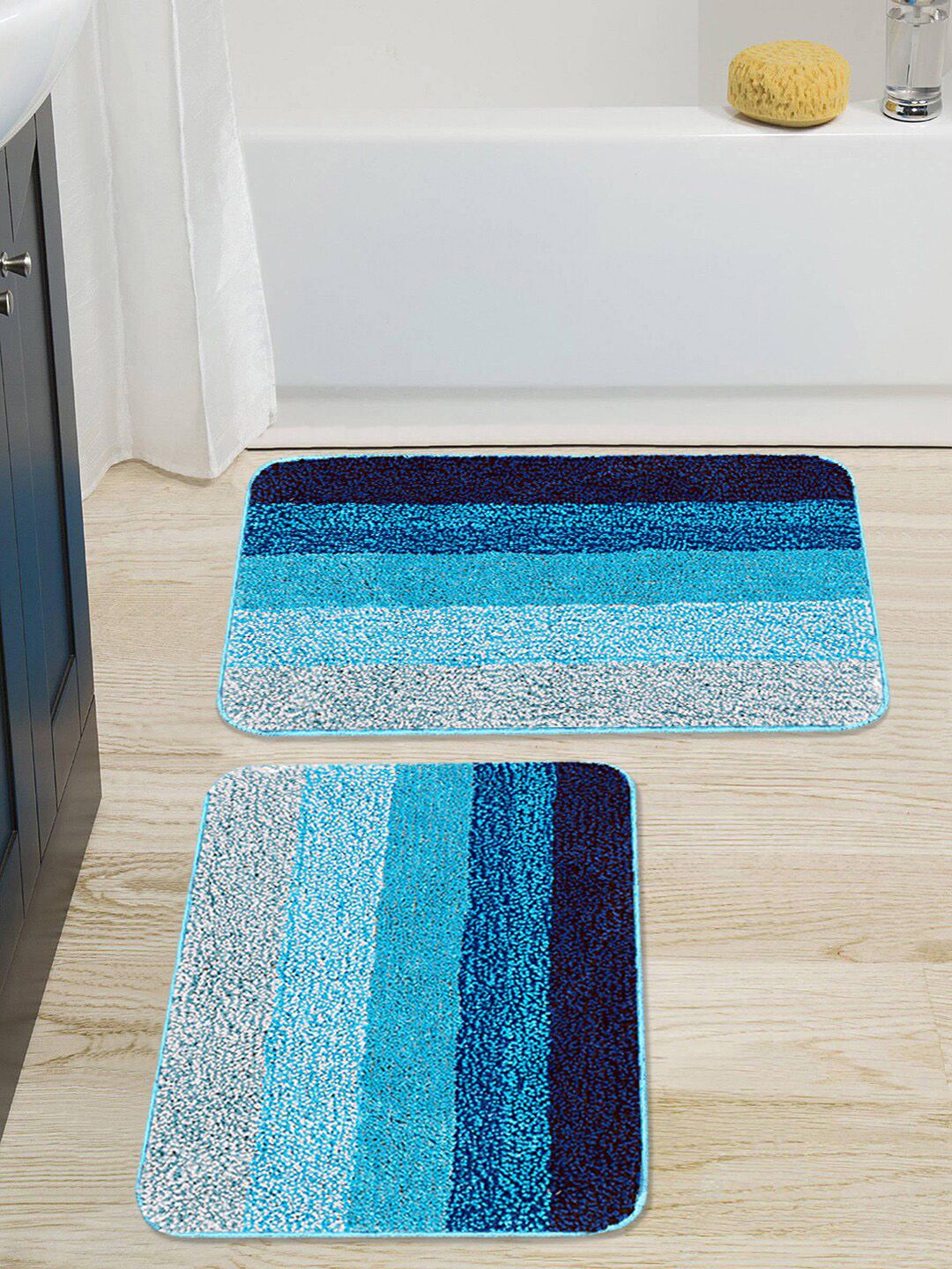 Saral Home Set of 2 Turquoise Blue & Navy Blue Striped Anti Slip Bath Rugs Price in India