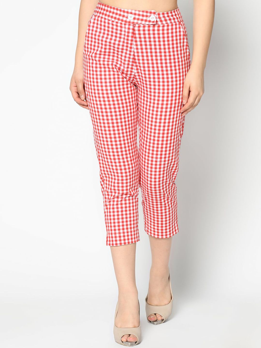 SQew Women Red & White Slim Fit Checked Cigarette Trousers