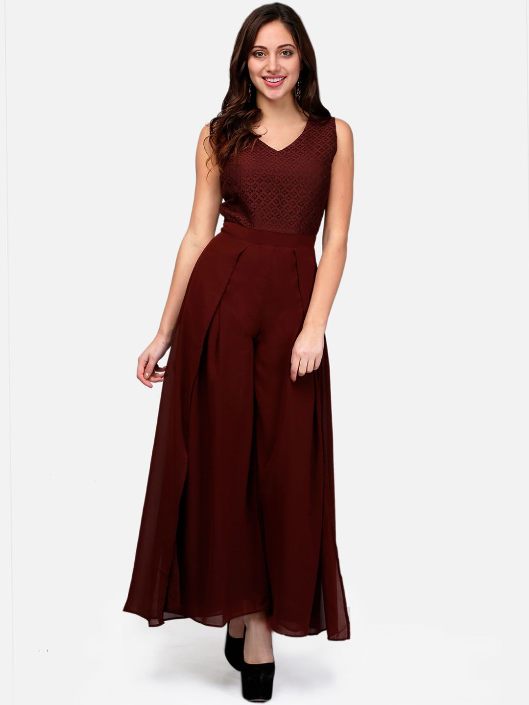 V&M Women Brown Lace Layered Basic Jumpsuit Price in India
