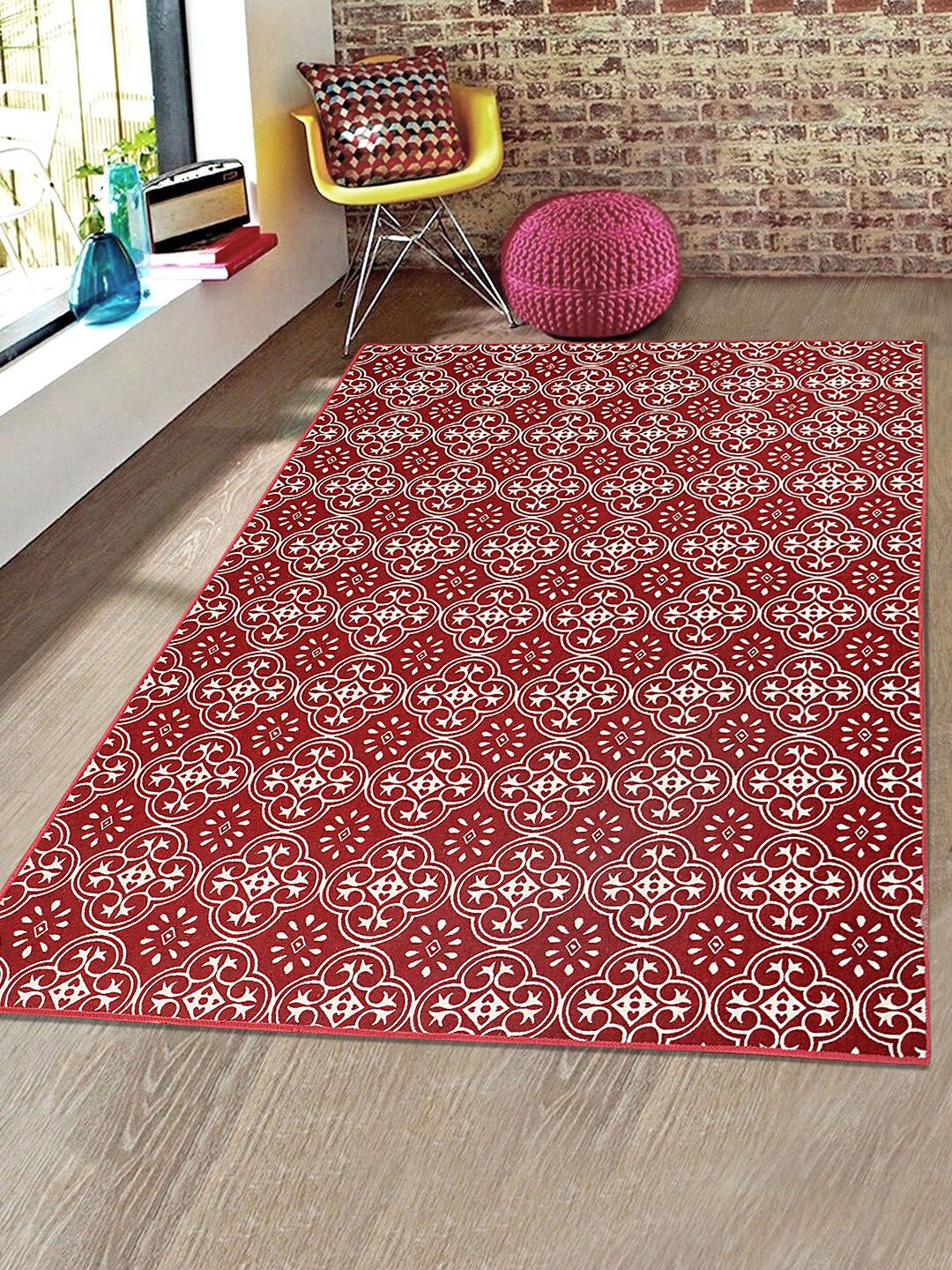 Saral Home Red & Off-White Ethnic Motifs Jacquard Anti-Skid Carpet Price in India