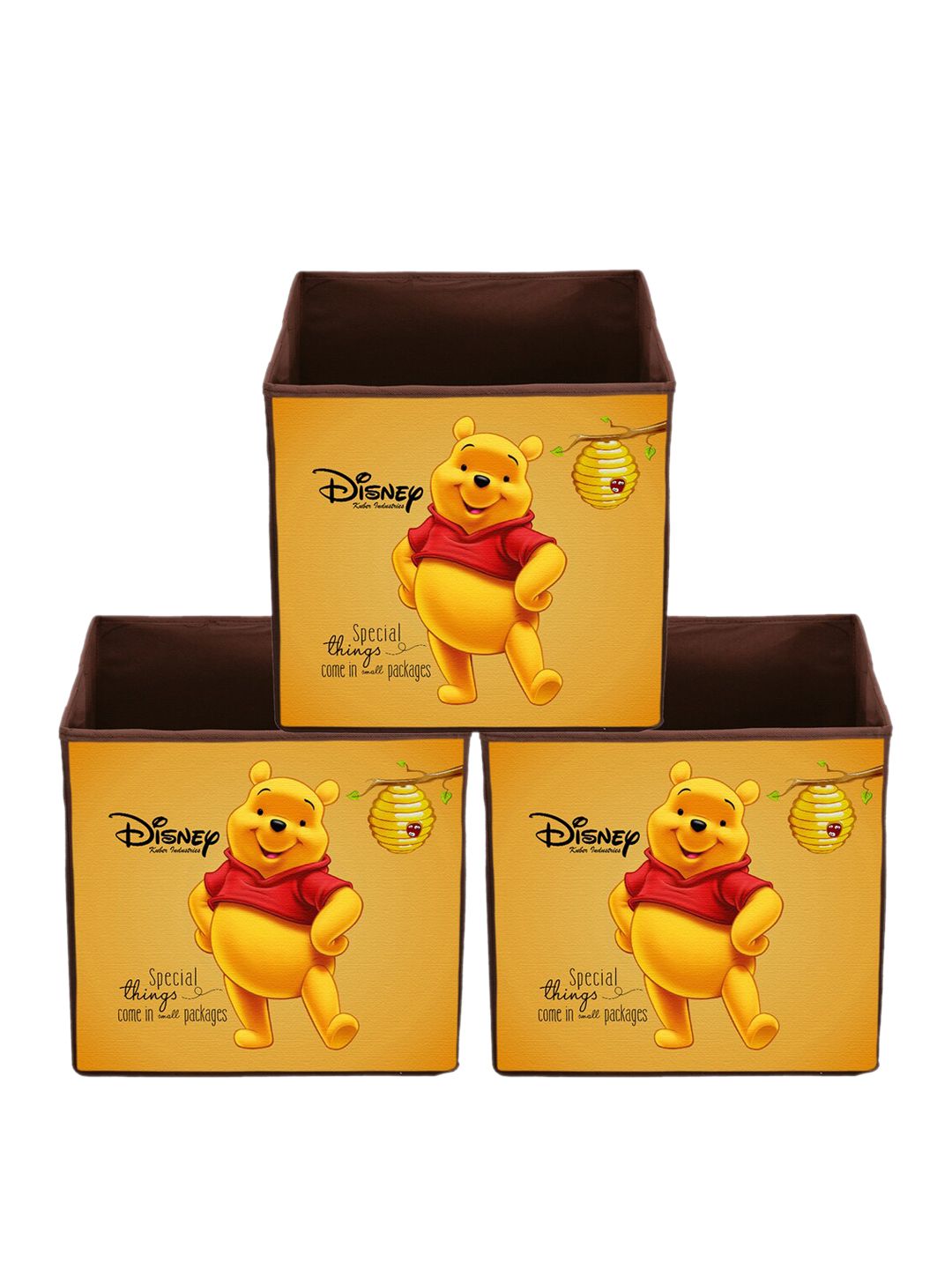 Kuber Industries Set Of 3 Yellow & Brown Disney Winnie-The-Pooh Printed Non-Woven Foldable Cloth Storage Boxes Price in India