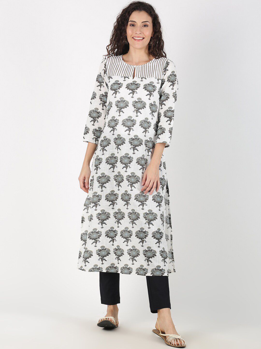 Saffron Threads Women White & Black Printed Kurta with Trousers