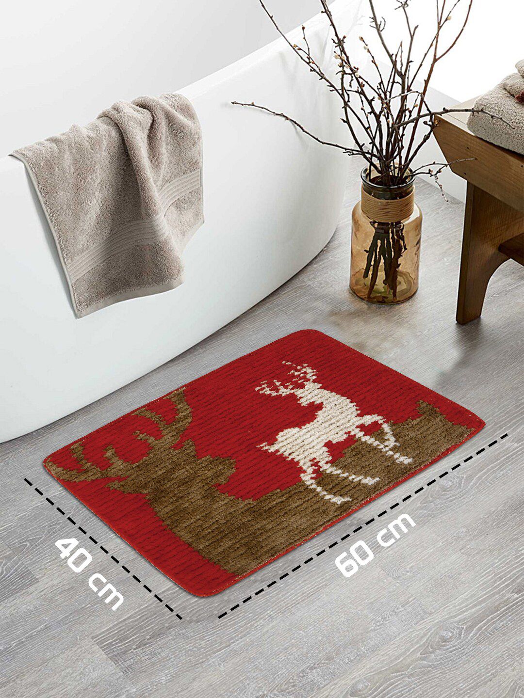 HOKIPO Red & Brown Woven-Design Premium Anti-Slip Bath Mat