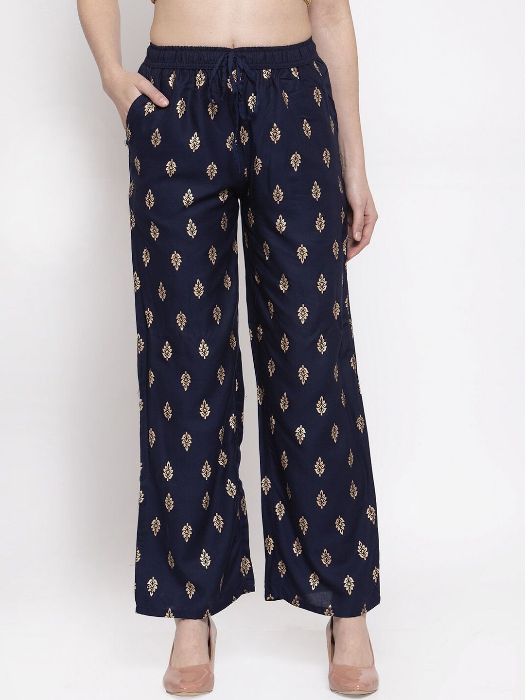 Miaz Lifestyle Women Navy Blue Printed Straight Palazzos Price in India