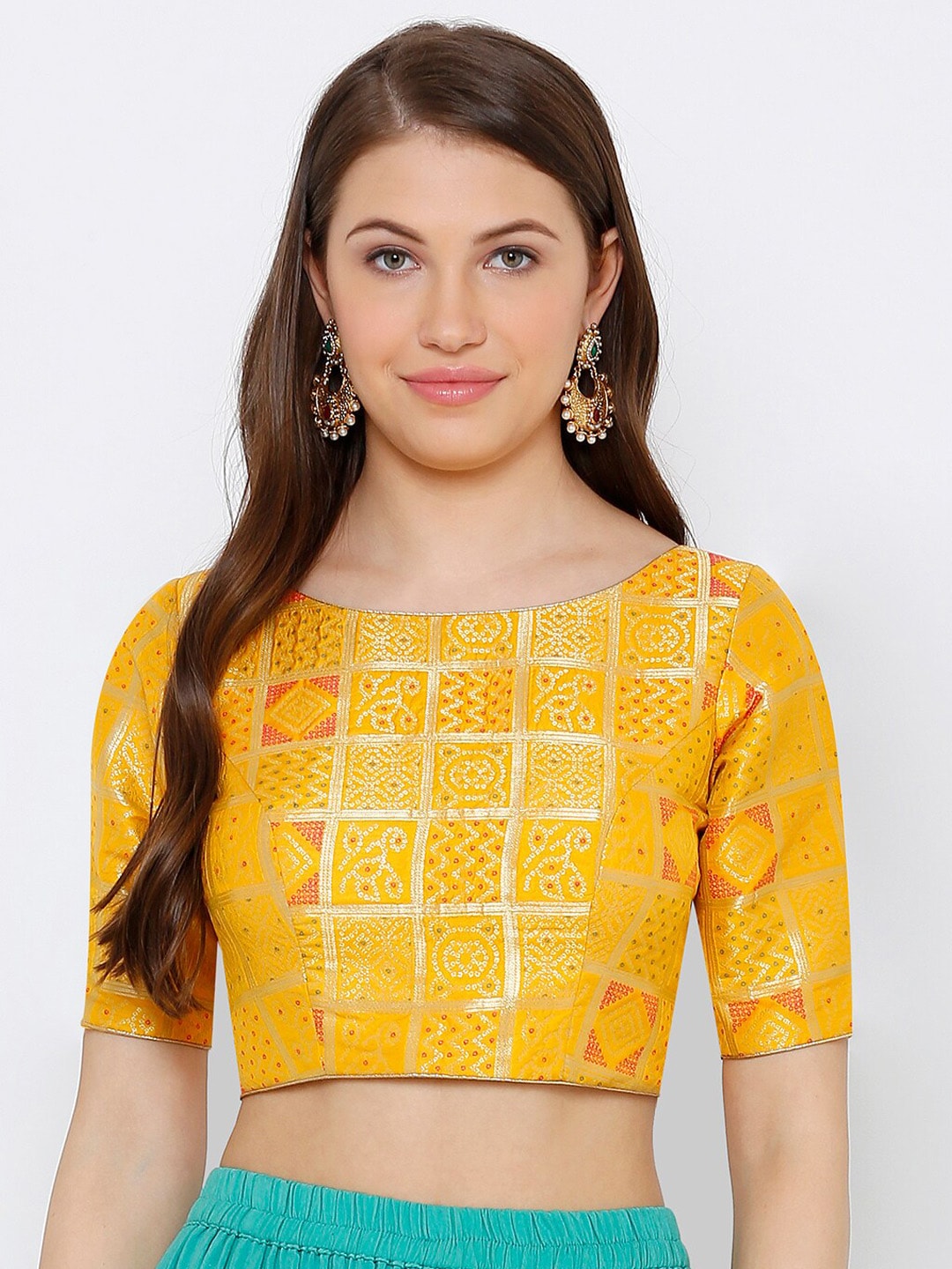 SALWAR STUDIO Women Yellow Woven Design Silk Blend Padded Saree Blouse Price in India