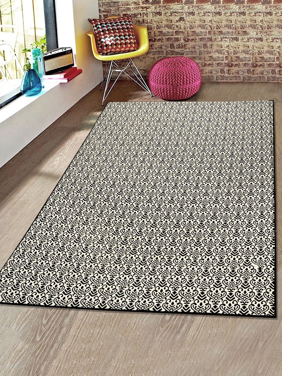 Saral Home Off-White & Black Damask Jacquard Anti-Skid Carpet Price in India