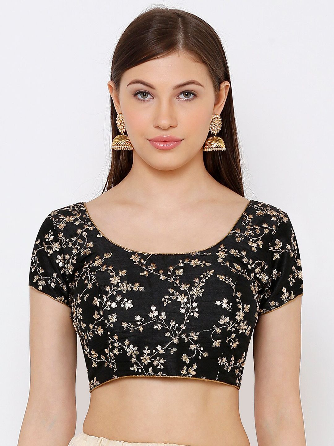 SALWAR STUDIO Women Black & Gold-Toned Embroidered Readymade Saree Blouse