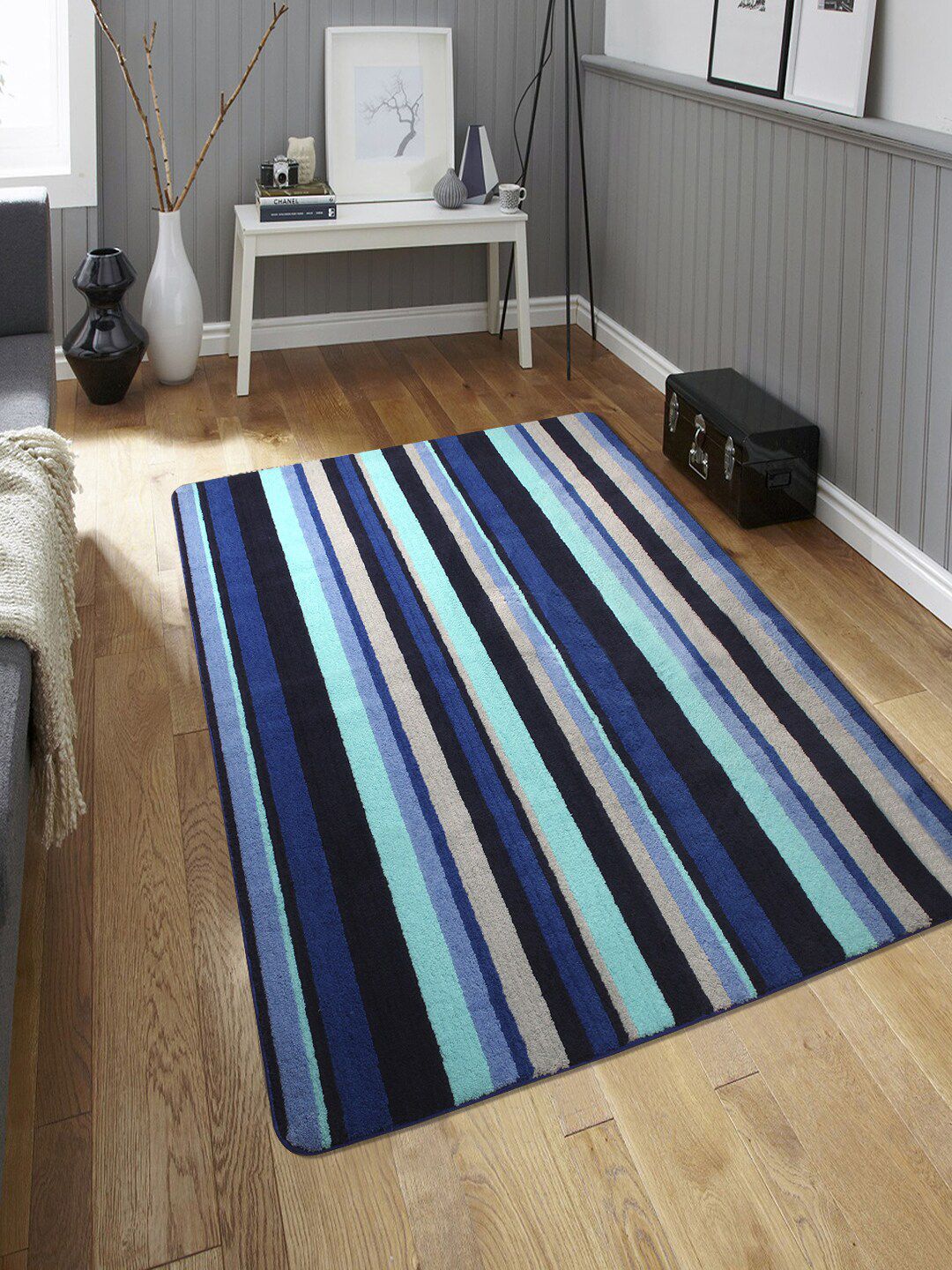 Saral Home Blue & Black Striped Soft Microfiber Anti-Skid Carpet Price in India