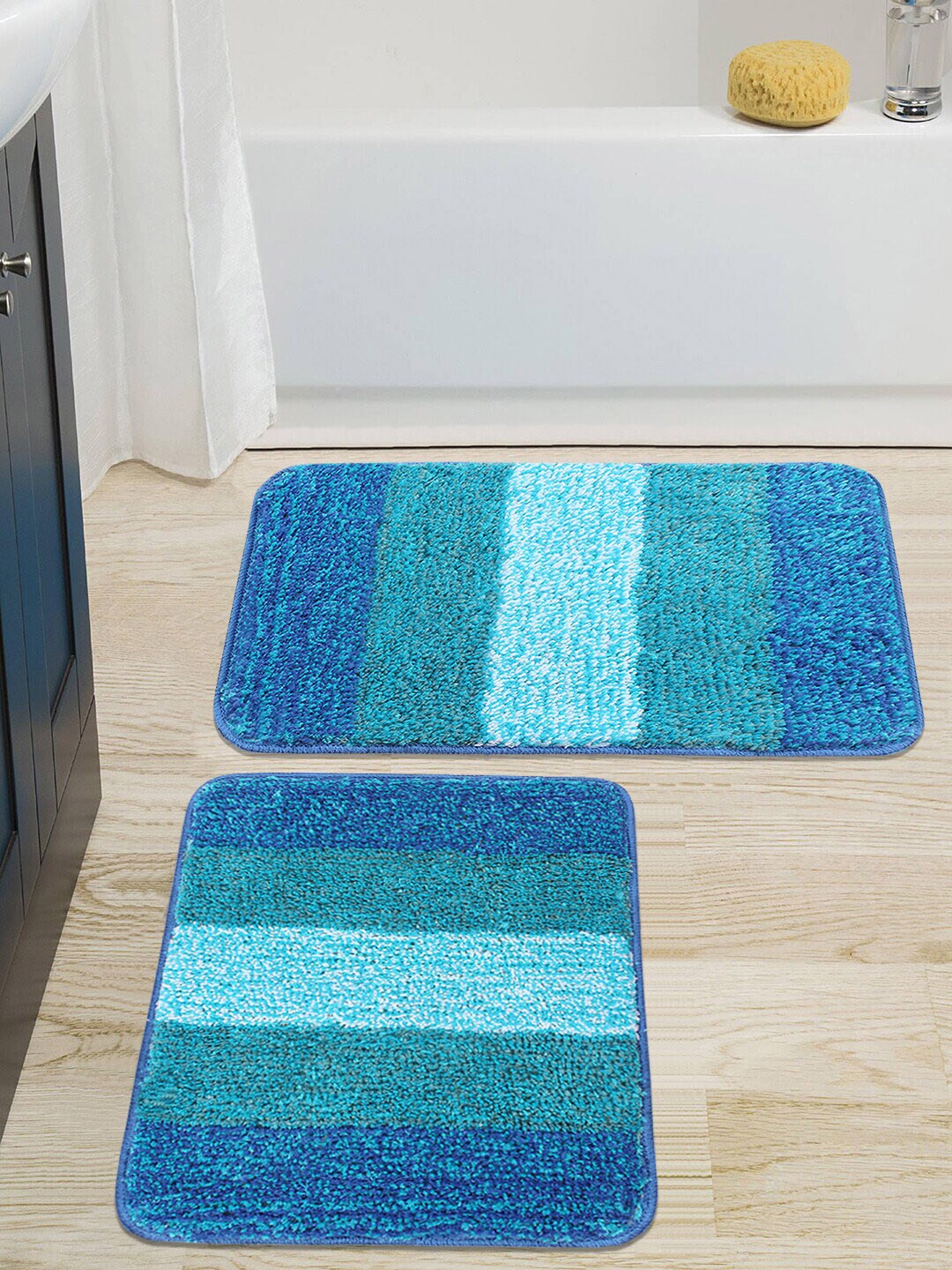 Saral Home Set Of 2 Turquoise Blue & Teal Blue Striped Anti-Skid Bath Mats Price in India