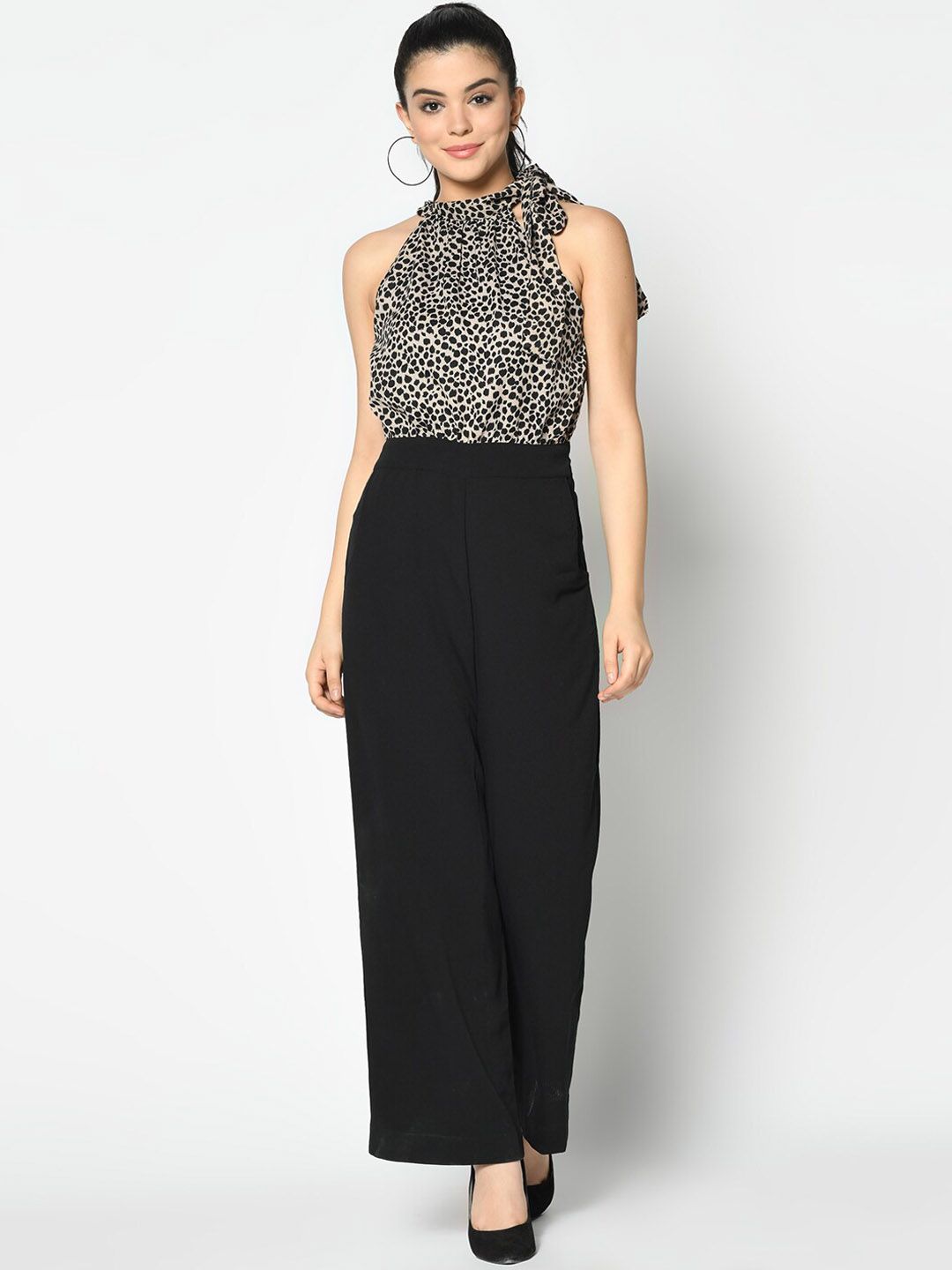 SQew Women Black & Beige Printed Basic Jumpsuit Price in India