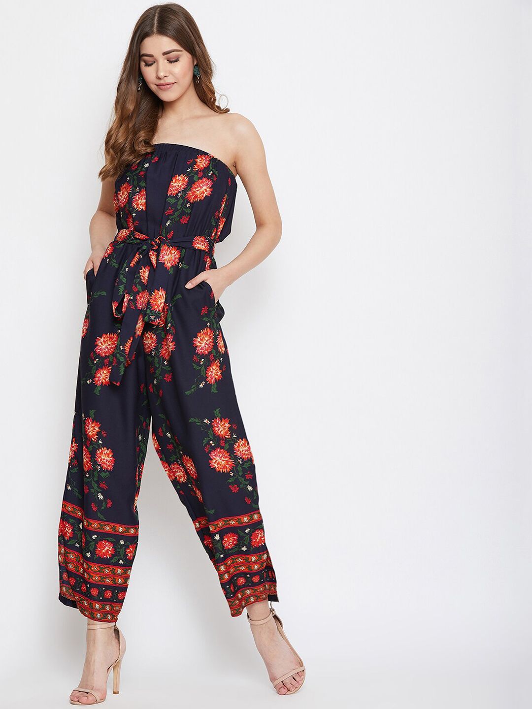 Berrylush Women Navy Blue Printed Off-Shoulder Basic Jumpsuit Price in India