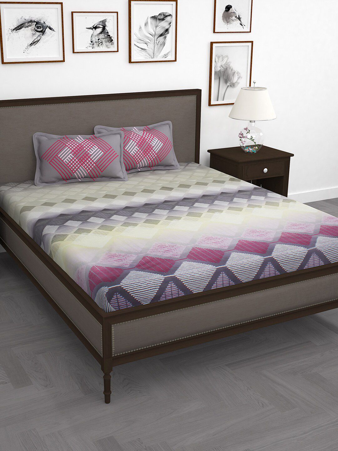 Story@home Purple & Grey Geometric 210 TC Cotton 1 King Bedsheet with 2 Pillow Covers Price in India