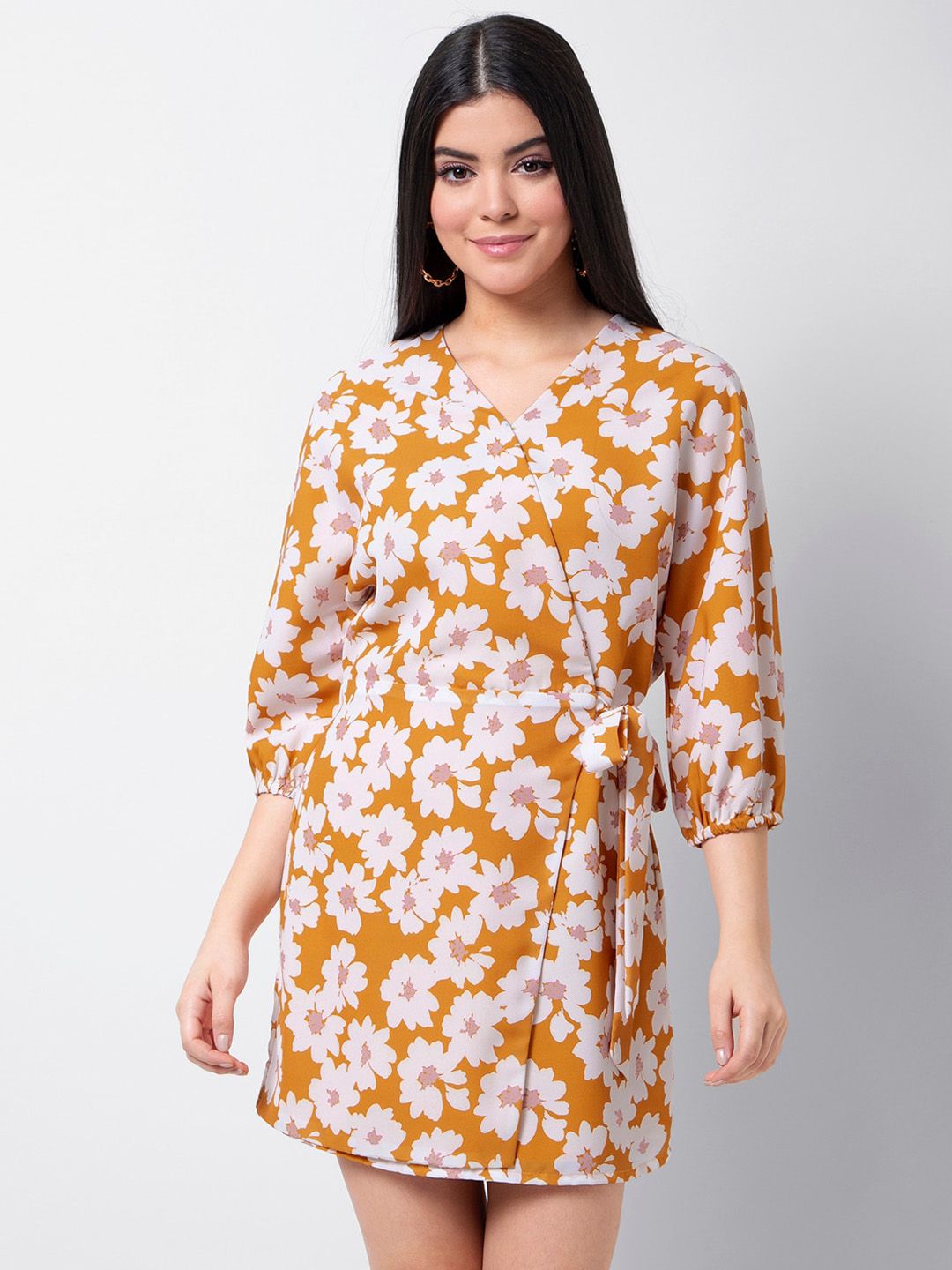 FabAlley Women Mustard Yellow & White Floral Print A-Line Dress