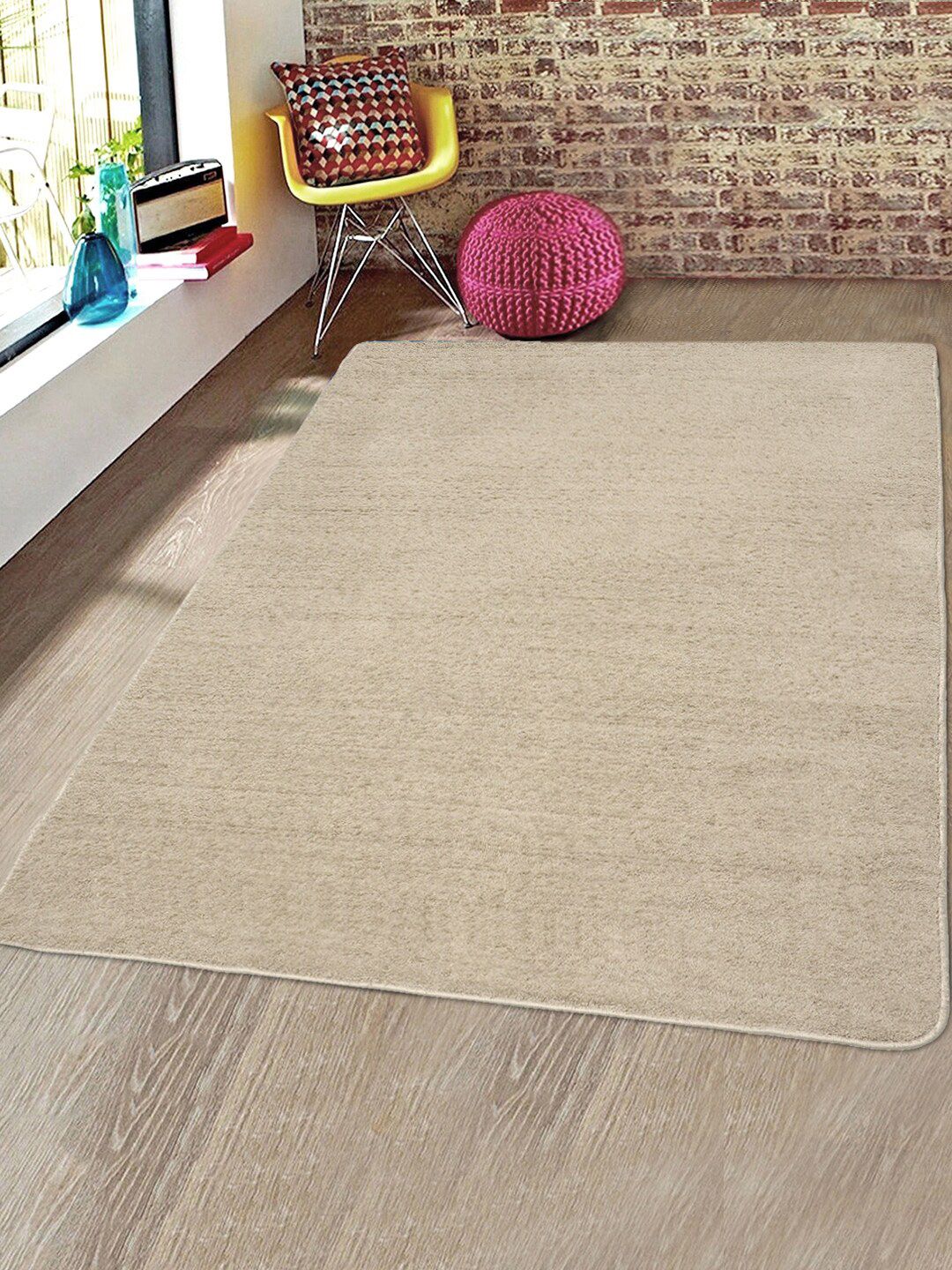 Saral Home Beige Solid Shaggy Yarn Anti-Skid Carpet Price in India