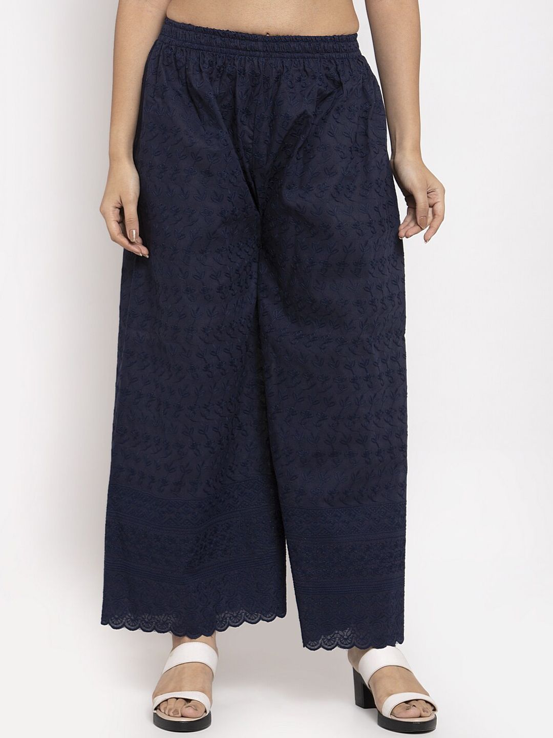 Jompers Women Navy Blue Embroidered Wide Leg Palazzos