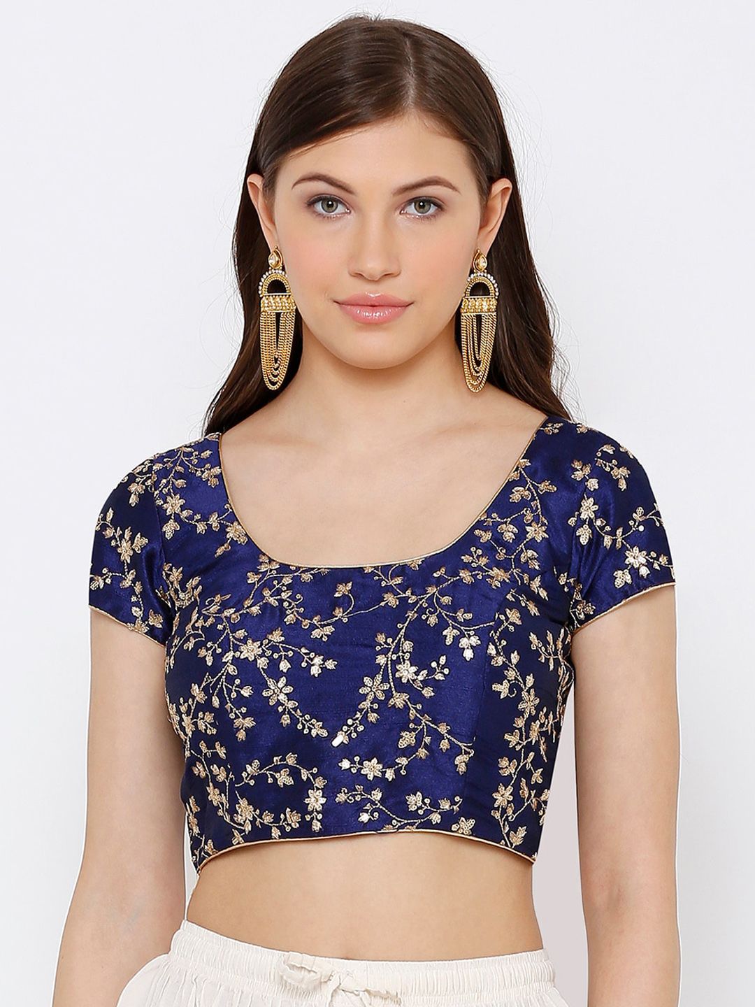 SALWAR STUDIO Women Navy Blue & Gold-Toned Embroidered Readymade Saree Blouse Price in India