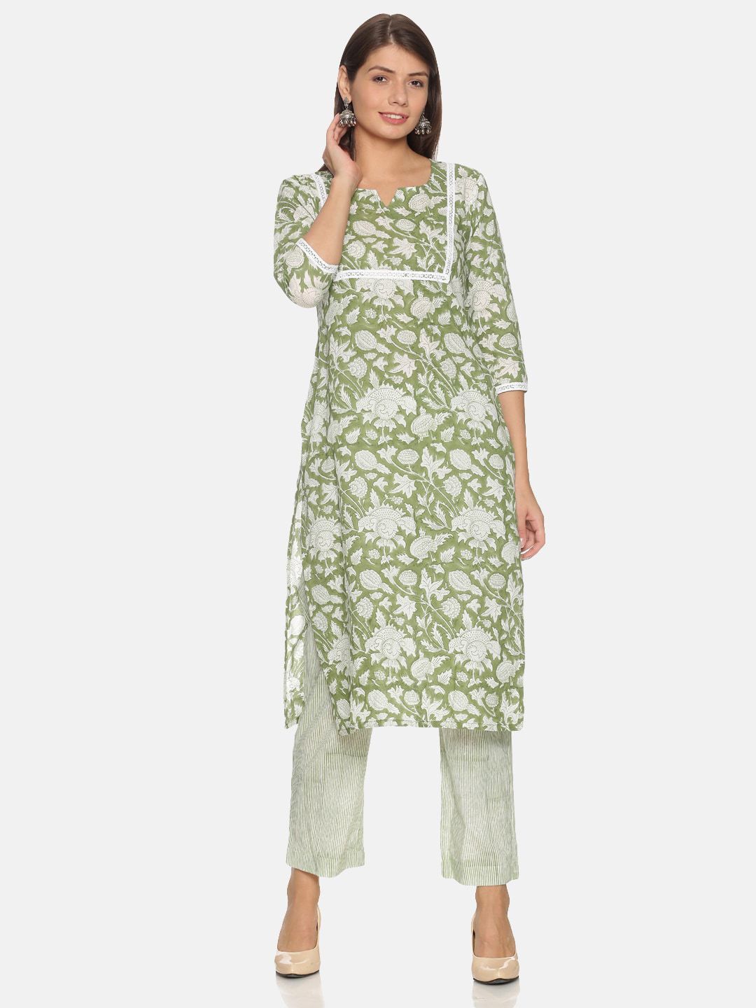 NANGALIA RUCHIRA Women Green & White Printed Kurta with Trousers